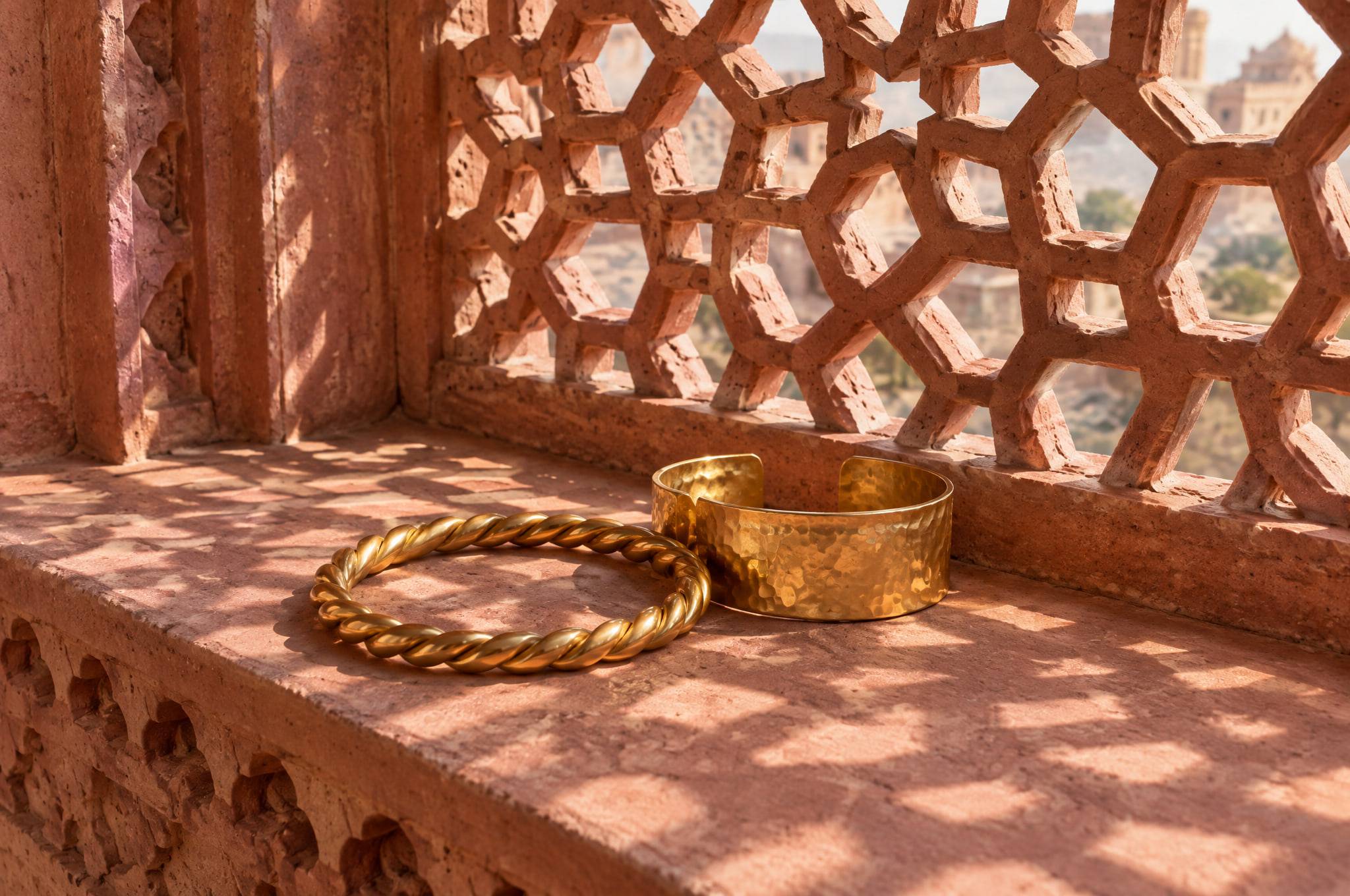 A twisted bangle and a hammered cuff resting on a carved pink sandstone lattice in Rajasthani sunlight.