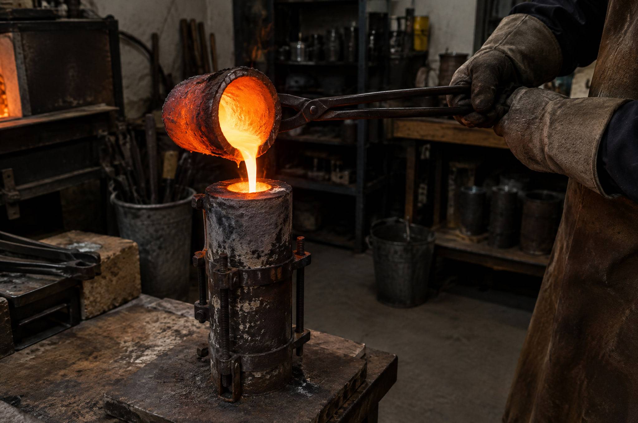 Molten brass poured from a crucible into a hot investment flask in a casting workshop.