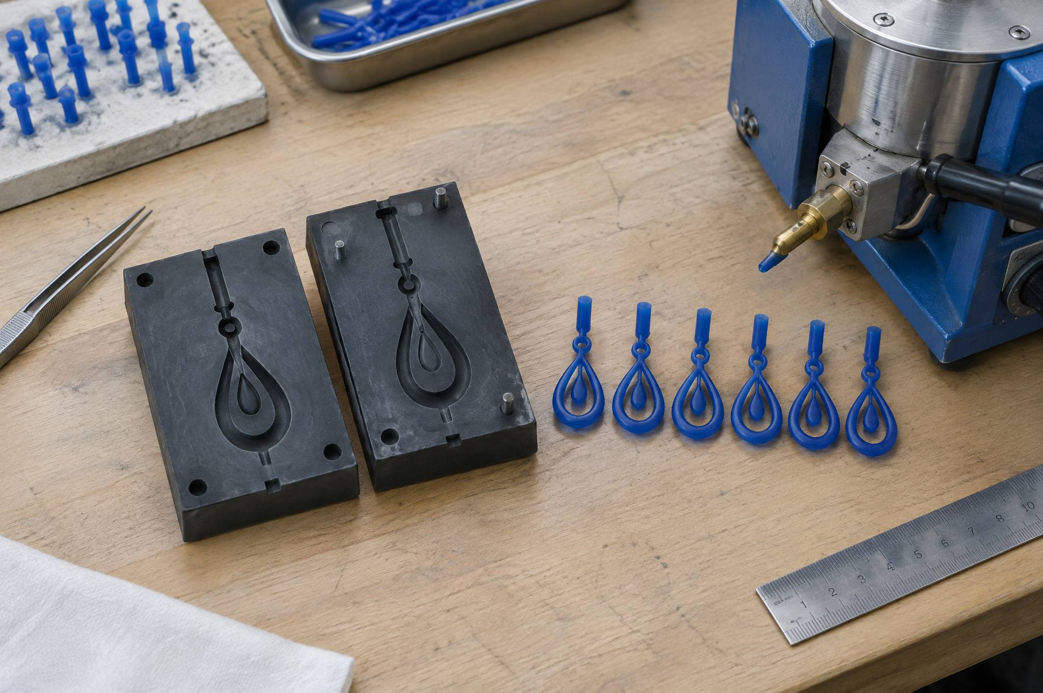 An opened rubber mold with the cavity of a drop earring, a row of identical injected wax copies and a wax injector.