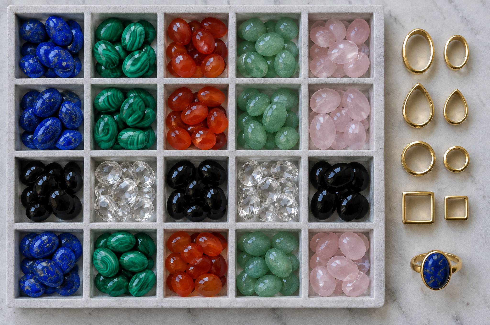 Loose cabochons sorted in a compartment tray — lapis lazuli, malachite, carnelian, aventurine, rose quartz, onyx and rock crystal — beside empty gold-plated bezels.